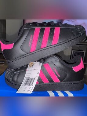 Adidas Superstar II C Kids Size 3 Black Pink Sneakers NWT Shell Toe